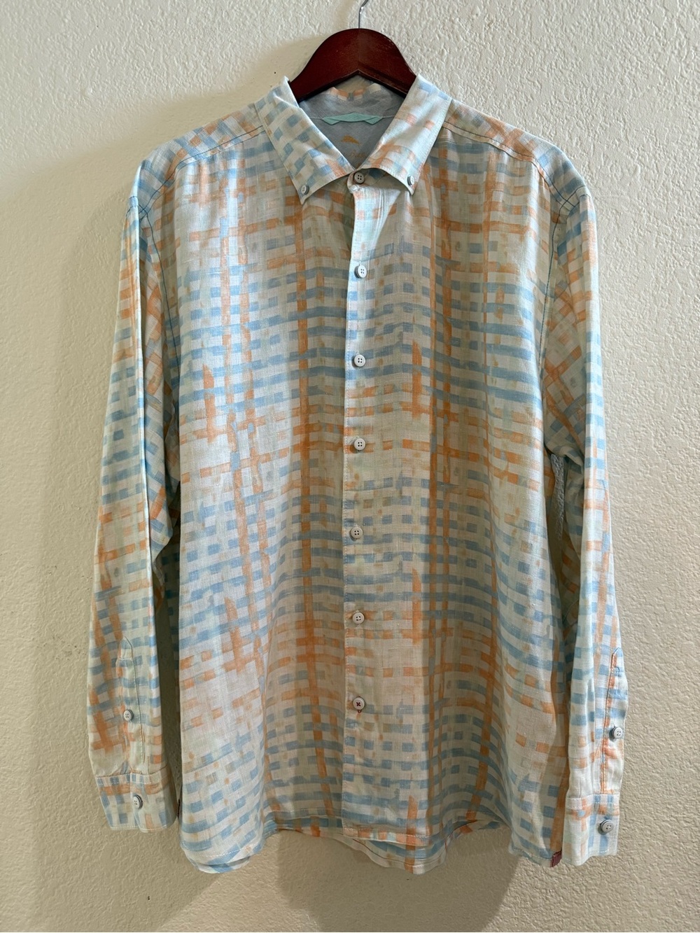 Tommy Bahama Relax Linen Button-Up Shirt – Blue & Orange Abstract Plaid Size XL